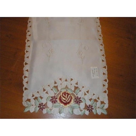 Tapestry Trading Tapestry Trading MH10109-1436 14 x 36 in. Embroidered Burgundy Rose And Lacy Cutwork Table Runner; Ivory MH10109/1436